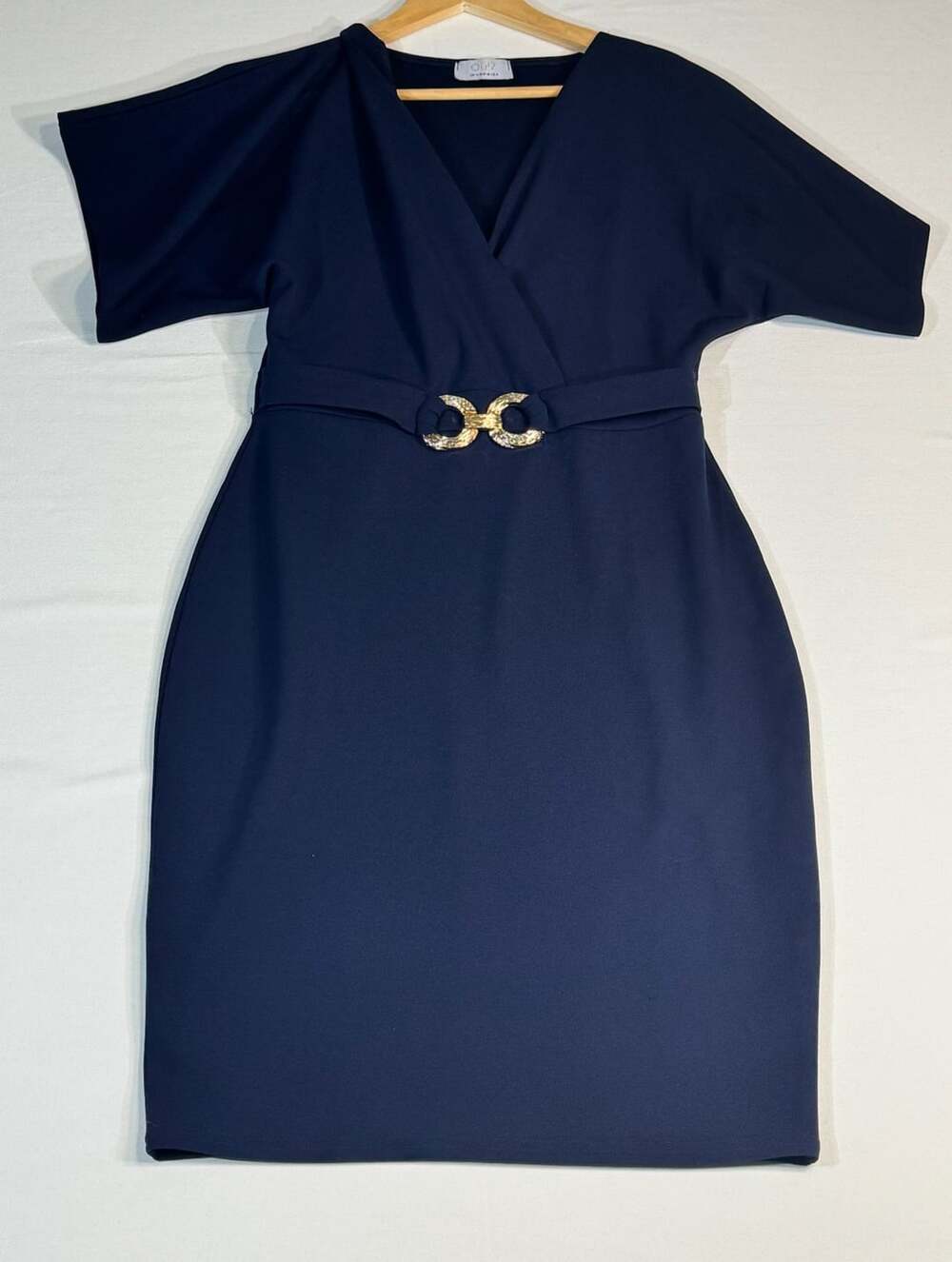 QUIZ Navy Blue V-Neck Midi Dress with Gold Belt Accent Style